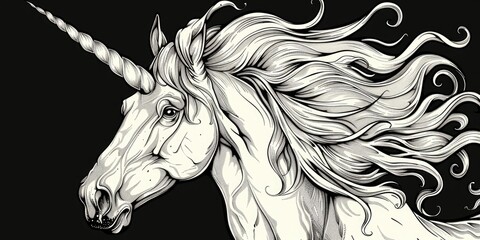 A detailed black and white drawing of a unicorn.