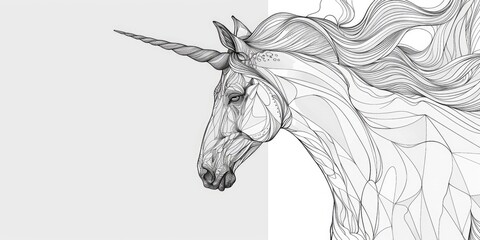 Black and white line drawing of a unicorn.