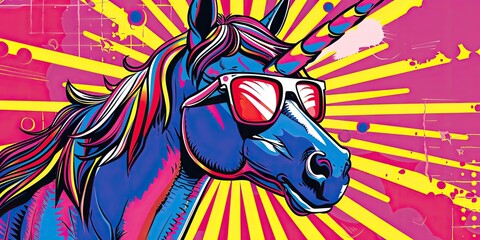 A cool unicorn with sunglasses on a colorful background.