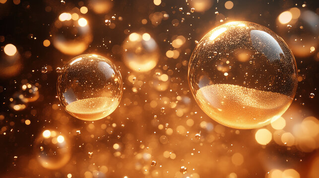 Millones de burbujas doradas, de diferentes tama&ntilde;os, sobre fondo color dorado tomo miel, esferas de aire, gas, felicidad, Loter&iacute;a de Navidad, celebraci&oacute;n, festividad, alegr&iacute;a
