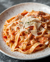 Fototapeta premium Chicken alfredo fettuccine with a thick and creamy light tomato sauce