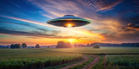 Mysterious UFO hovering over a tranquil countryside field at twilight , UFO, fields, countryside, surreal, symphony