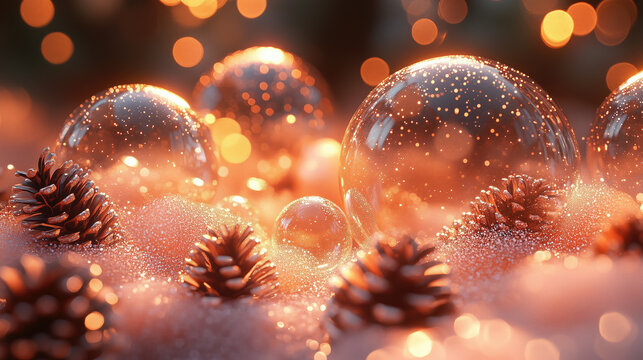 Fondo de pantalla estilo navide&ntilde;o, nieve, pi&ntilde;as y pompas de jab&oacute;n, reflejan luces de fondo, sensaci&oacute;n de ensue&ntilde;o, tierno, delicado, colores tonalidades de naranjas a marr&oacute;n, ideal papeler&iacute;a, tarjetas