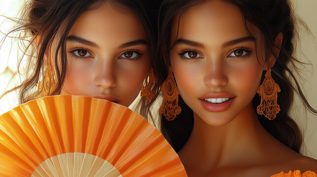 2 Mujeres morenas, primer plano, posan juntas, una sonriente, dentadura blanca, la otra tiene un abanico naranja a la altura de la boca, maquillaje de verano, festivo, piel bronceada, cabello oscuro
