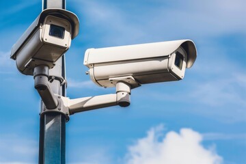 Outdoor Security Cameras Mounted on Pole Against Blue Sky Background.