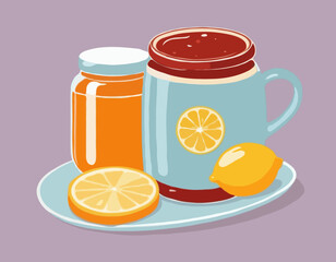 Hot cup of tea, marmalade jam jar and slice of lemon - cozy winter drink
