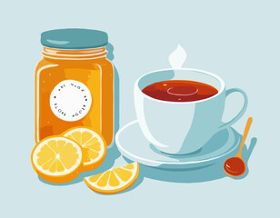 Hot cup of tea, marmalade jam jar and slice of lemon - cozy winter drink
