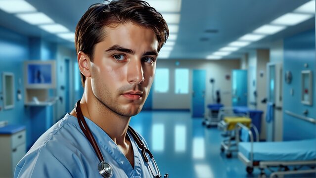 Medico hombre coon bata y estetoscopio en sala de urgencias de hospital. Atenci&oacute;n m&eacute;dica. 
