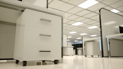 Bright open floor plan office featuring organized workstations and cubicles, and modern decorations. Illustration of an empty professional corporate workspace, efficient business space.