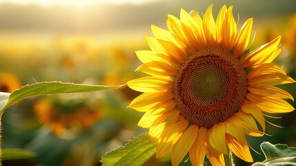 Fototapeta premium A sunflower among many sunflowers under the bright sun in the backdrop