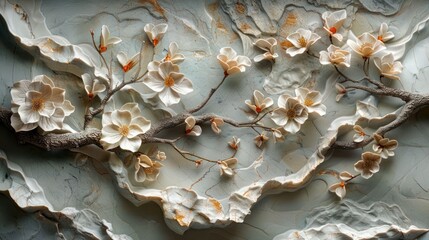 3D relief mural wallpaper showcasing delicate cherry blossom branches with raised petals and soft pastel hues