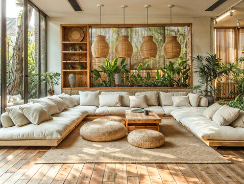 Sala de estar moderna e sustent&aacute;vel com m&oacute;veis multifuncionais, materiais reciclados e muita luz natural. Perfeita para quem busca um estilo de vida mais consciente