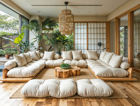 Sala de estar moderna e sustent&aacute;vel com m&oacute;veis multifuncionais, materiais reciclados e muita luz natural. Perfeita para quem busca um estilo de vida mais consciente
