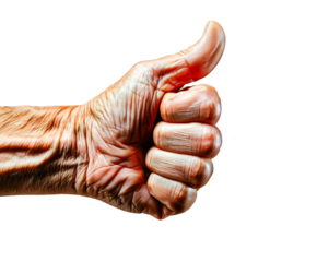 Close-up of a hand making a thumbs up gesture against a black background
