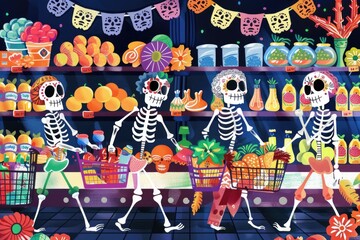 Skeletons shopping for groceries in a colorful supermarket during Dia de los Muertos celebration Day of the Dead. AI