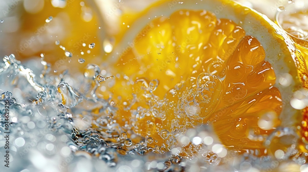 Poster close-up of a lemon slice with water splashing and bubbles at the bottom