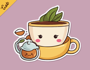 Sticker with a cute character with a cup of tea. Cartoon vector color illustration
