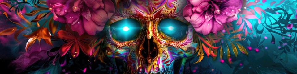 Dia de los Muertos skull adorned with vibrant flowers and colorful leaves in a neon-lit artistic composition Day of the Dead. AI