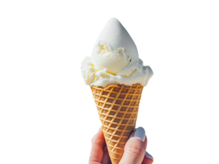 Hand holding vanilla ice cream in a cone 