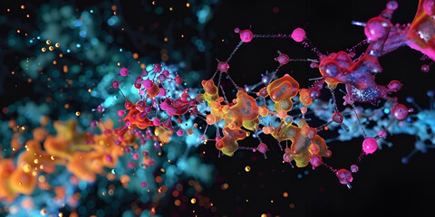 A detailed illustration of an enzyme-substrate complex colorful hexagon concept with glowing bokeh effects, colorful modern sparkling and reflecting light