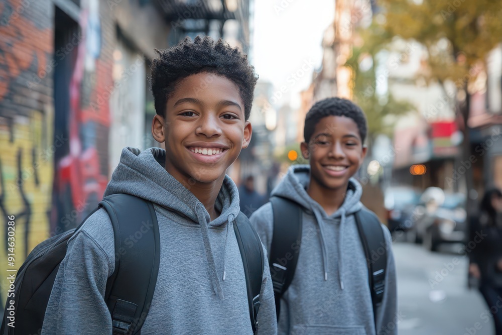 Wall mural two african american teenage boys walking city street wearing blank hoodies urban backdrop with graffiti and storefronts