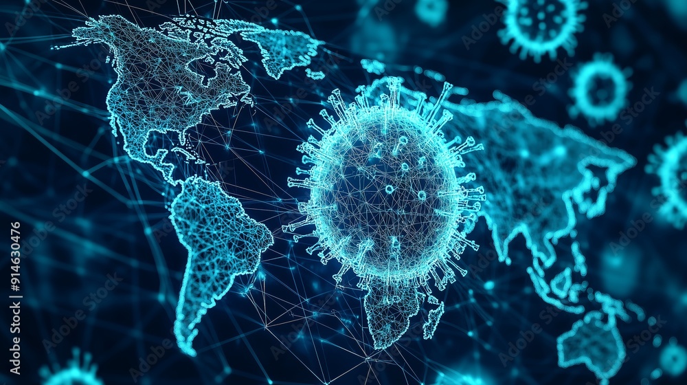 Poster global map representing covid-19 virus spread with digital network connections
