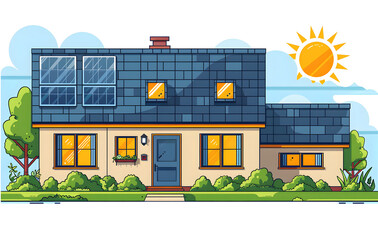 Naklejka premium Small house with solar energy installation with names of system components in white background. Renewable Energy - Vector image design