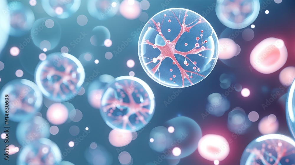 Poster vibrant microscopic view of cells showcasing intricate structures and patterns, ideal for scientific