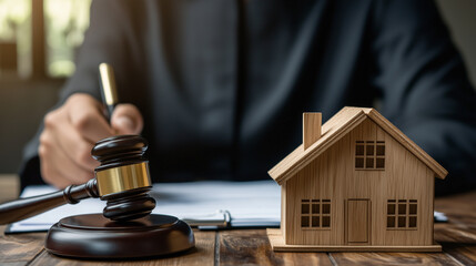 Judge is signing a document, with a gavel and a model house in the foreground, possibly relating to a real estate case like divorce property or bankruptcy