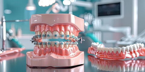 Dental models with braces on a table.