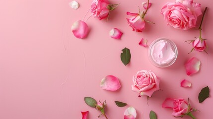 Fototapeta premium Rose-based homemade cosmetics on pink background benefit skin health.