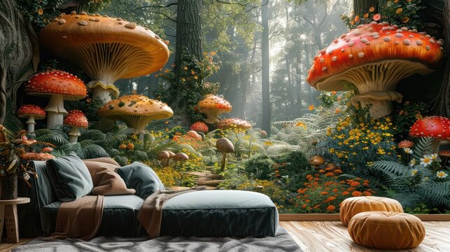 3D relief wallpaper with lifelike depictions of forest floor elements such as fallen leaves, mushrooms, and tree roots