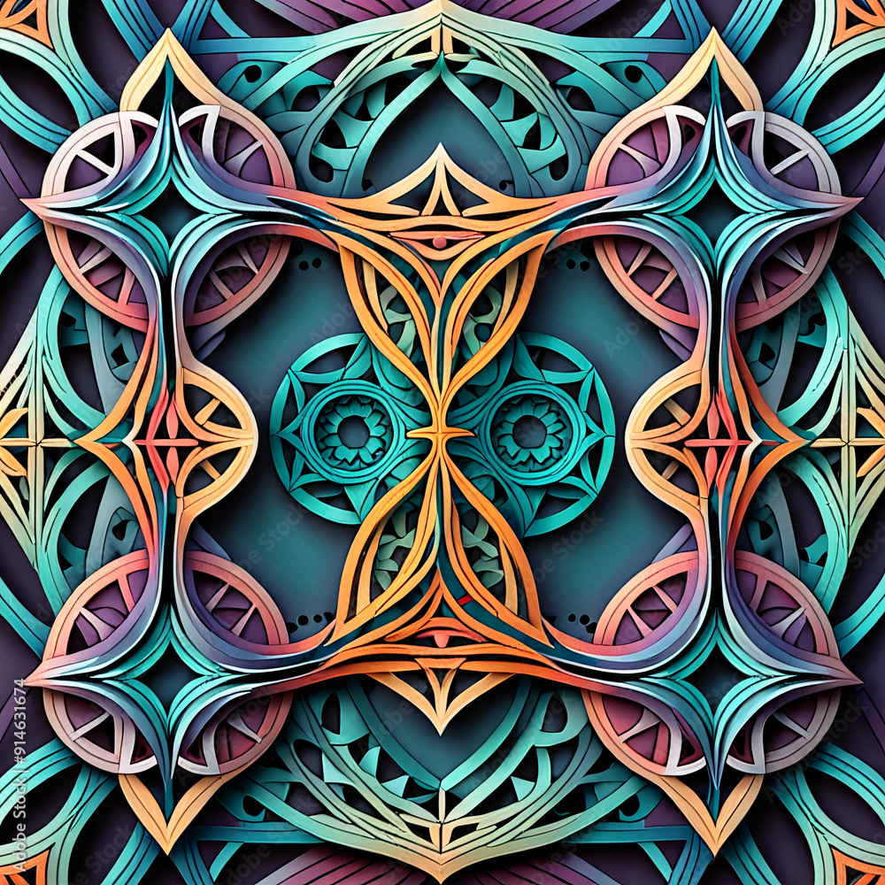 Poster an intricate geometric design with interlocking shapes and gradients