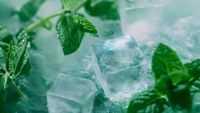 Close-up of fresh mint leaves and ice cubes creating a cool, refreshing ambiance. This crisp, detailed shot focuses on the glistening ice cubes and green mint leaves, perfect for a hot summer day.