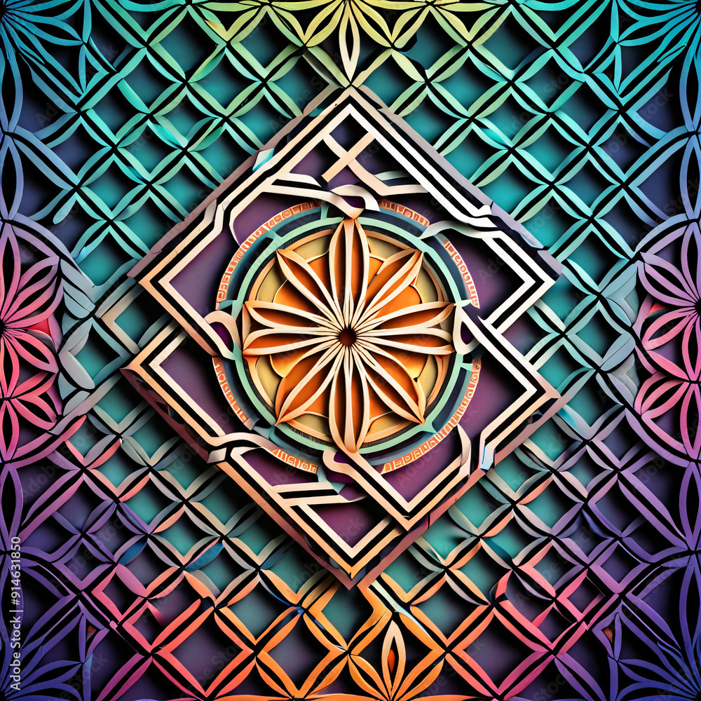 Poster an intricate geometric design with interlocking shapes and gradients