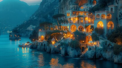 Enchanting Coastal Village Illuminated by Warm Lights Along Serene Waters at Dusk