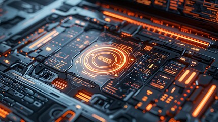 Obraz premium Futuristic Legal and Court Virtual Interface Displayed on Macbook Pro - Detailed Miniature Design in White and Orange Background