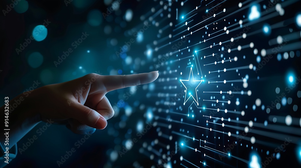 Poster digital five-star quality rating concept with hand pointing on virtual interface