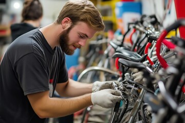 Young Mechanic Repairing Bicycles in Busy Workshop During Evening Hours