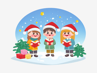 Obraz premium Merry christmas and happy new year cute character singing christmas carol song.