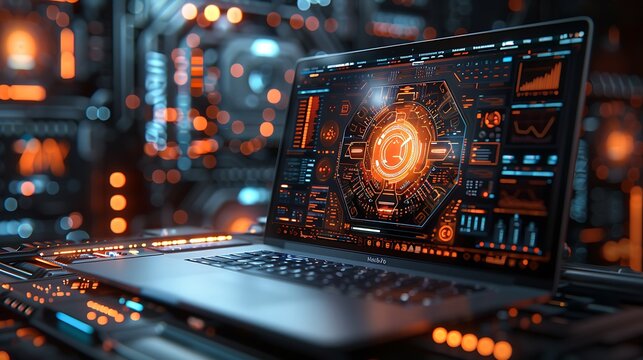 Futuristic Legal and Court Virtual Interface Displayed on Macbook Pro with Detailed Miniature Design in White and Orange Tones