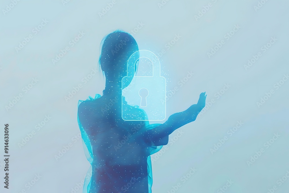 Poster secure digital connection concept: person holding hand with lock symbol on shaped canvas in light bl
