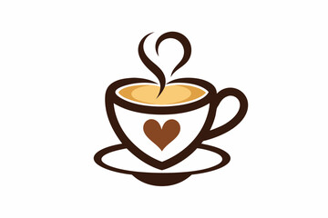 Coffee Cup Heart Logo - Latte Mug Icon, Love Cappuccino Emblem, Espresso Hot Drink Symbol - Perfect for Cafe, Seafood-Themed Designs - Vector Line Art and Silhouette Illustration