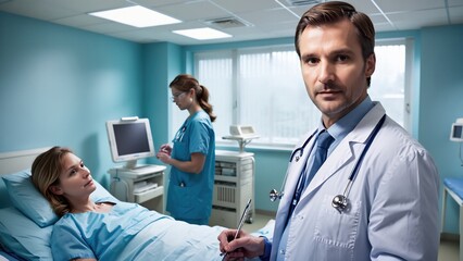 Médico profesional de la salud atendiendo paciente en sala de urgencias o consultorio, con bata y estetoscopio