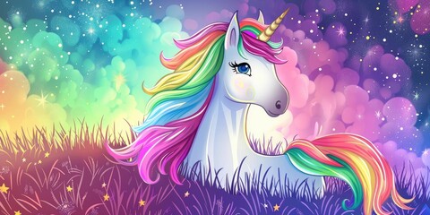 Obraz premium Rainbow unicorn in a field of stars.