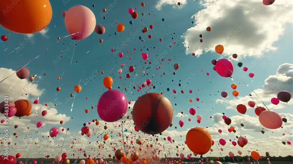 Poster a group of people releases balloons into the sky on a field with clouds in the background