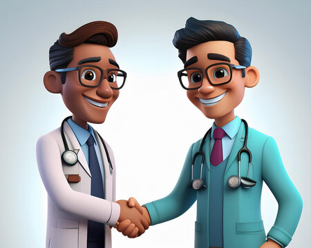 M&eacute;dicos aperto de m&atilde;o em hospital m&eacute;dico. Conceito de medicina de sa&uacute;de. Personagens de desenho animado feliz e sorridente, pessoas adultas em design de estilo 3D em fundo claro. Pessoas humanas.
