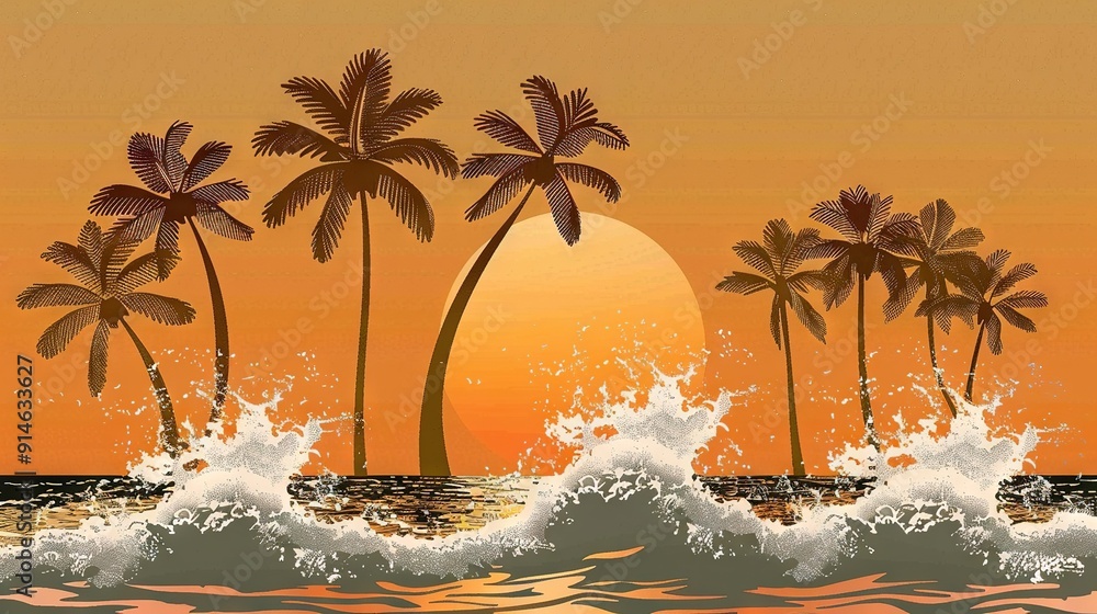 Poster sunset with palm trees and wave crashing