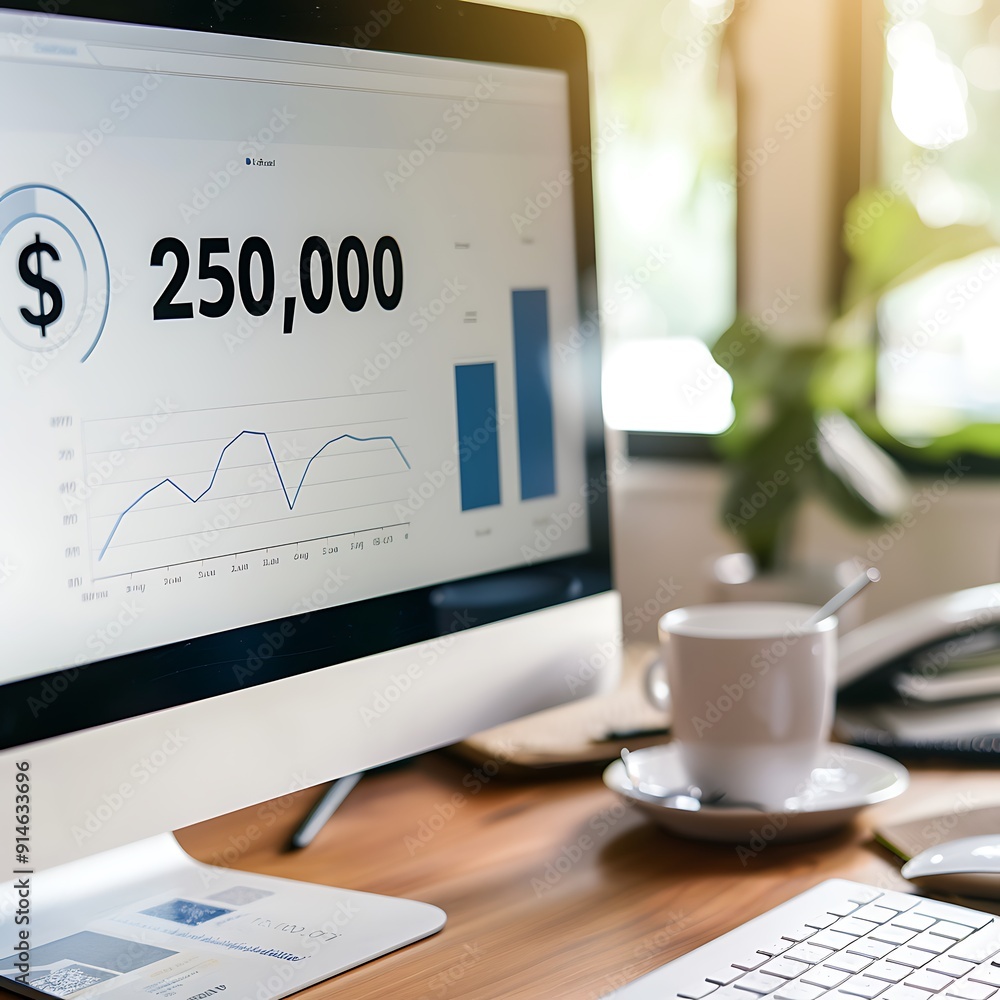 Poster analyzing financial performance: income statement displaying $250,000 on computer monitor