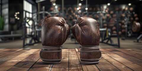 Two worn leather boxing gloves on wood.